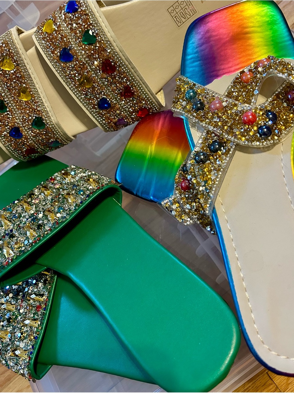 Lot of Three SHEIN Green & Rainbow Jeweled Women's Slide Sandals